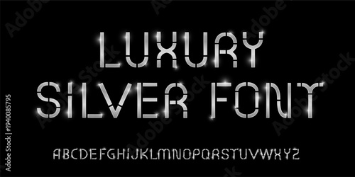 Shiny modern silver font isolated on black background. Vintage steel shiny letters. Detailed 3d alphabet. Typography metal mockup. Anniversary letters. Vector