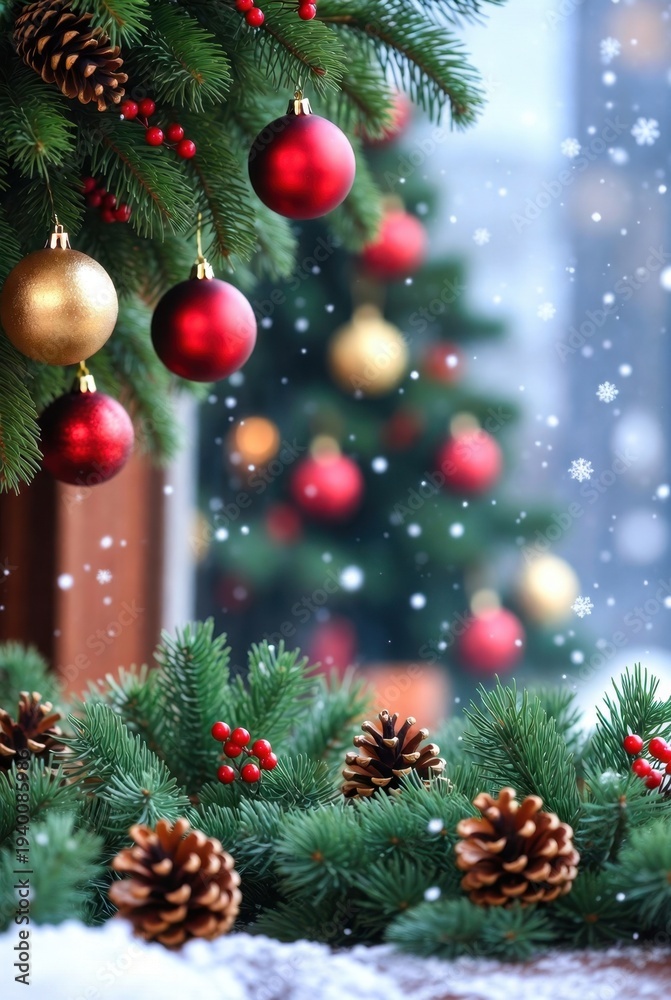 Fototapeta premium Cozy Christmas tree adorned with red and gold baubles