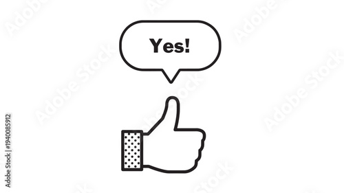 Thumbs up icon with 'Yes!' speech bubble in simple line art, representing approval, agreement, or success in a minimal graphic.