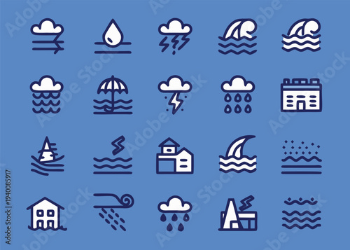 A series of twenty weather and flood related icons including clouds rain lightning and submerged houses is centered on a solid blue background.