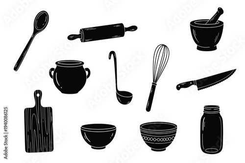 Set of kitchen utensils and cooking tools icons featuring a vector illustration of a pot, pan, cutlery, and chef symbols for restaurant food service