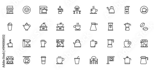 Coffee icon set. Minimal vector icons pack for cafe and beverage. Includes coffee shop, cup, machine, grinder, kettle, french press, tea pot, beans and more. Editable stroke.