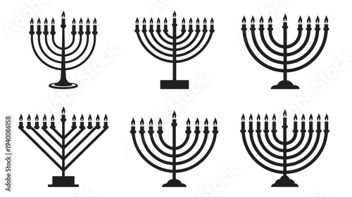 Menorah candlestick set with nine branches and lit candles in a black silhouette style on a white background.
