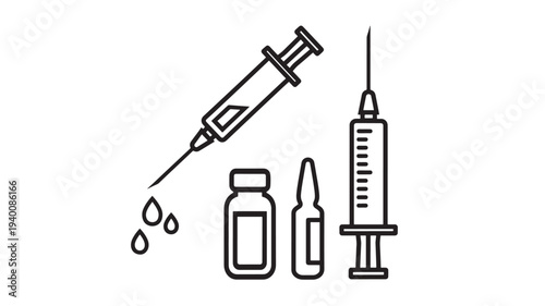 Syringes and vials icon set with medical supplies and drug delivery elements for healthcare and treatment concepts