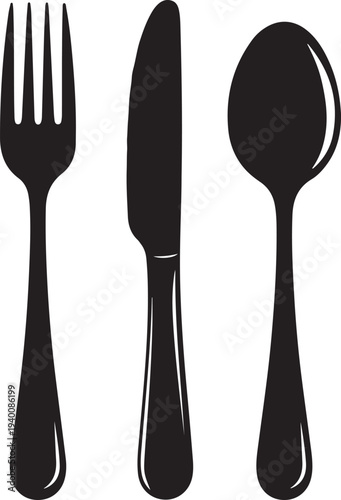 Cutlery silhouettes. Fork spoon knife black icon set. Black silverware sign. Vector utensil illustration restaurant symbols or label like concept cooking food