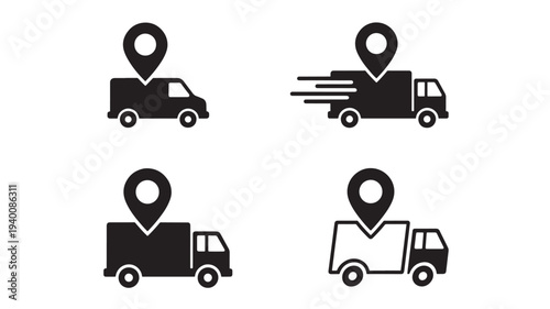 Four black silhouette icons of trucks with location pins indicating delivery services and map tracking.