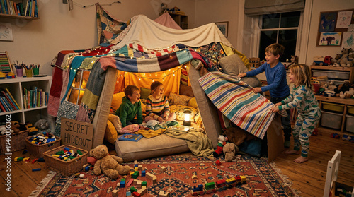 Children building a cozy playhouse in a cluttered playroom scene with toys and blankets everywhere indoors, viewed from outside the tent.