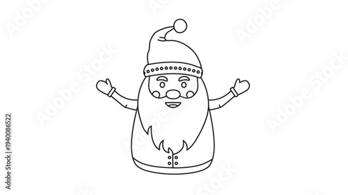 Santa Claus icon with a cheerful expression, arms outstretched and a hat with a pom-pom, hand drawn outline graphic.