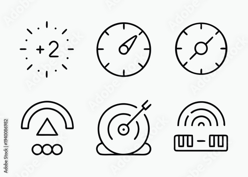 Six black line icons showing measurement tools and gauges such as speedometers and compasses are arranged in two rows on a gray background.