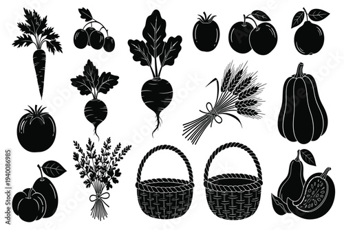 Seamless pattern design illustration featuring a collection and set of vegetables and fruits with leaf icons and apple symbols in a black nature art style