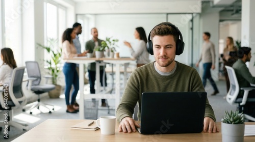 Professional man wearing noise-canceling headphones in busy office