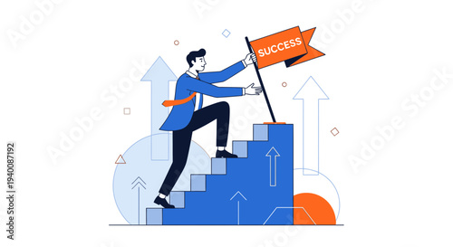 Businessman climbing stairs to success flag, business growth and achievement concept