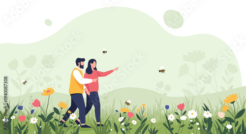 Couple Walking in a Vibrant Spring Meadow with Bees and Wildflowers