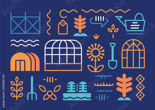 An assortment of stylized gardening icons in a palette of white, orange, and light blue is displayed on a solid dark navy background.