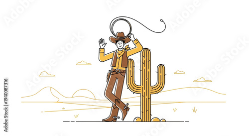 Cowboy with Lasso Leaning on Cactus in Desert Landscape, Western Style Illustration