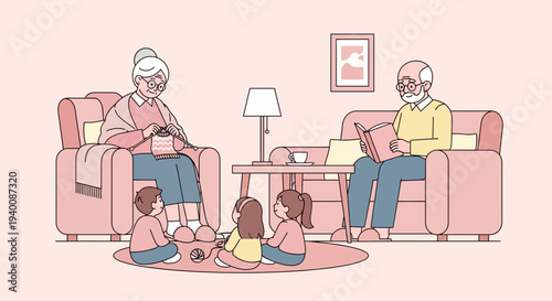 Cozy family gathering: grandparents knitting and reading to children indoors
