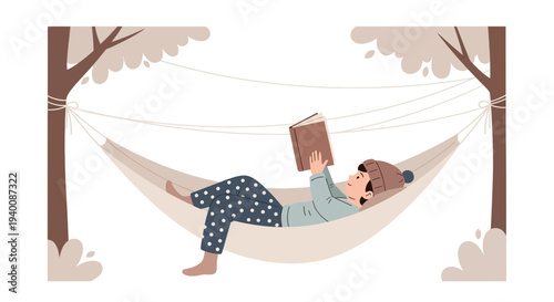 Cozy person reading book in hammock between trees, enjoying nature and relaxation