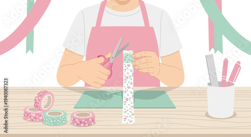 Crafting with Washi Tape: Person cutting decorative tape for DIY projects