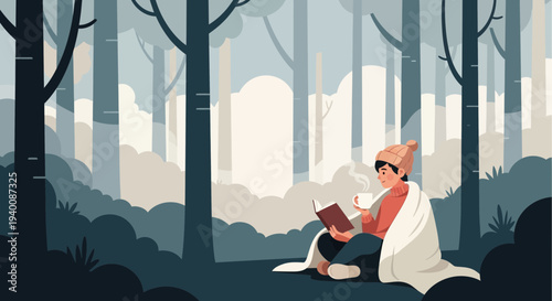 Cozy person reading book wrapped in blanket in misty forest, enjoying hot drink