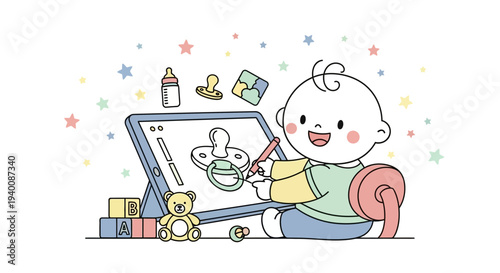 Creative baby drawing pacifier on tablet, surrounded by toys and stars