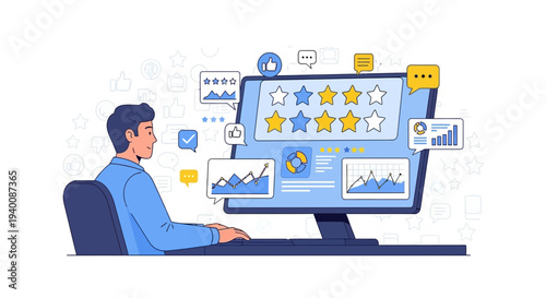Customer feedback analysis on computer screen with stars, graphs, and charts