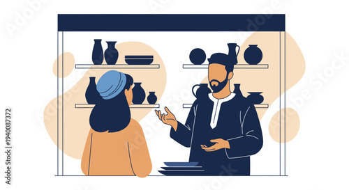 Customer interacts with shopkeeper in pottery store, discussing ceramic crafts
