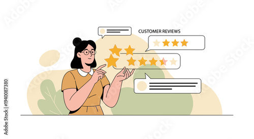 Customer reviews and star ratings concept, woman evaluating feedback and satisfaction