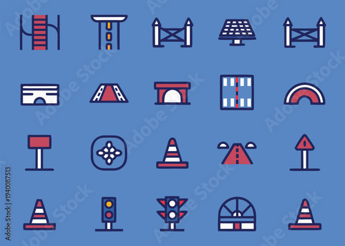 Twenty icons depicting road infrastructure and safety equipment like traffic lights and cones are shown on a medium blue background.