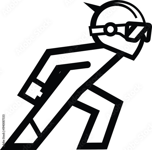 A stick figure wearing goggles runs forward in a dynamic motion with enthusiasm and energy.