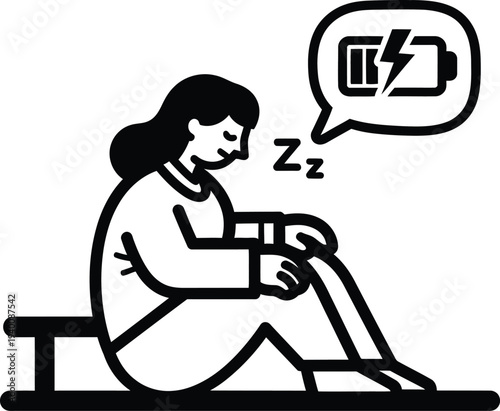 Woman sits sleepy on chair holding phone with low battery wqe 462