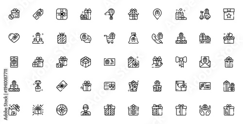 Gift icon set. Vector illustration pack. Includes symbols for sale, tag, delivery, balloon, valentine, present, chat, cart, voucher, ribbon, gift card, box and more. Editable stroke.