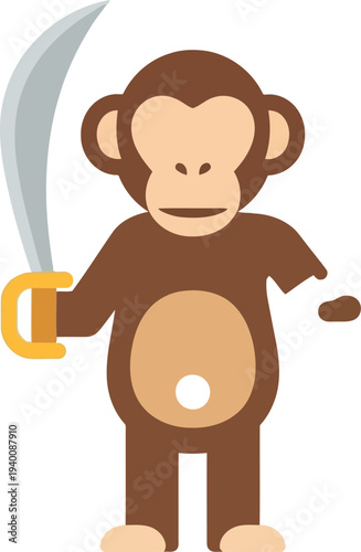 Cute cartoon pirate monkey holding sword isolated on white background, playful animal illustration