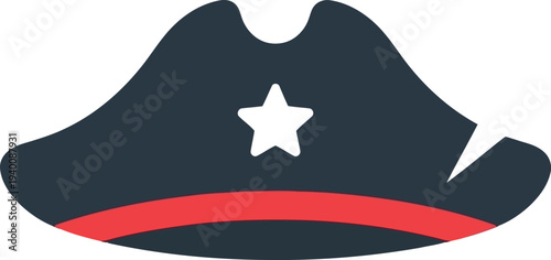 Flat Vector Pirate Hat Icon with Star and Red Stripe for Adventure and Costume Design