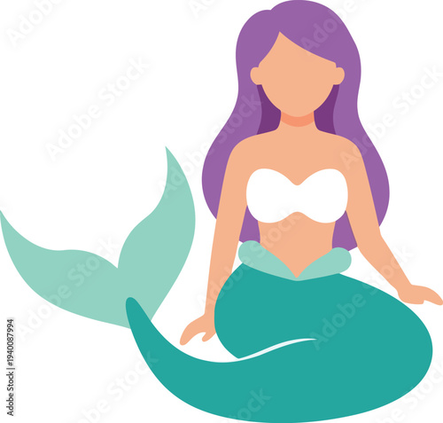 Cute cartoon mermaid with purple hair and turquoise tail sitting isolated on white background vector illustration