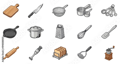 Collection of 15 Essential Kitchen Utensils and Cooking Tools Icons