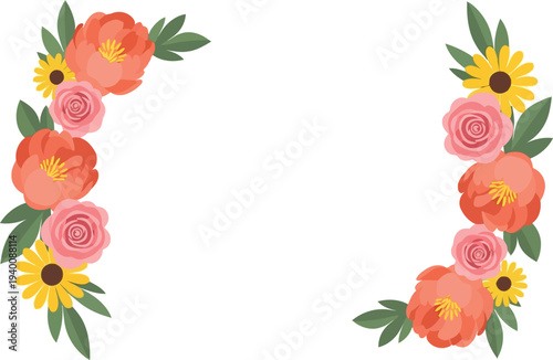 Floral frame border with watercolor roses and daisies on white background for invitations and greeting cards