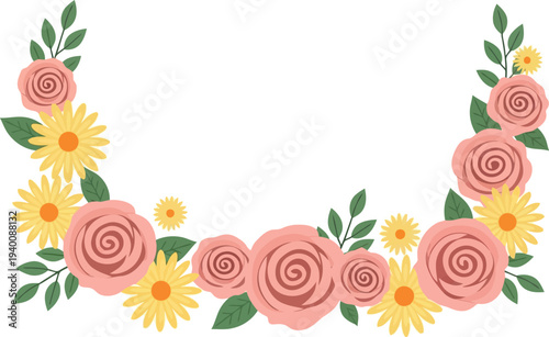 Floral border with pink roses and yellow daisies, decorative botanical frame for invitations and greeting cards