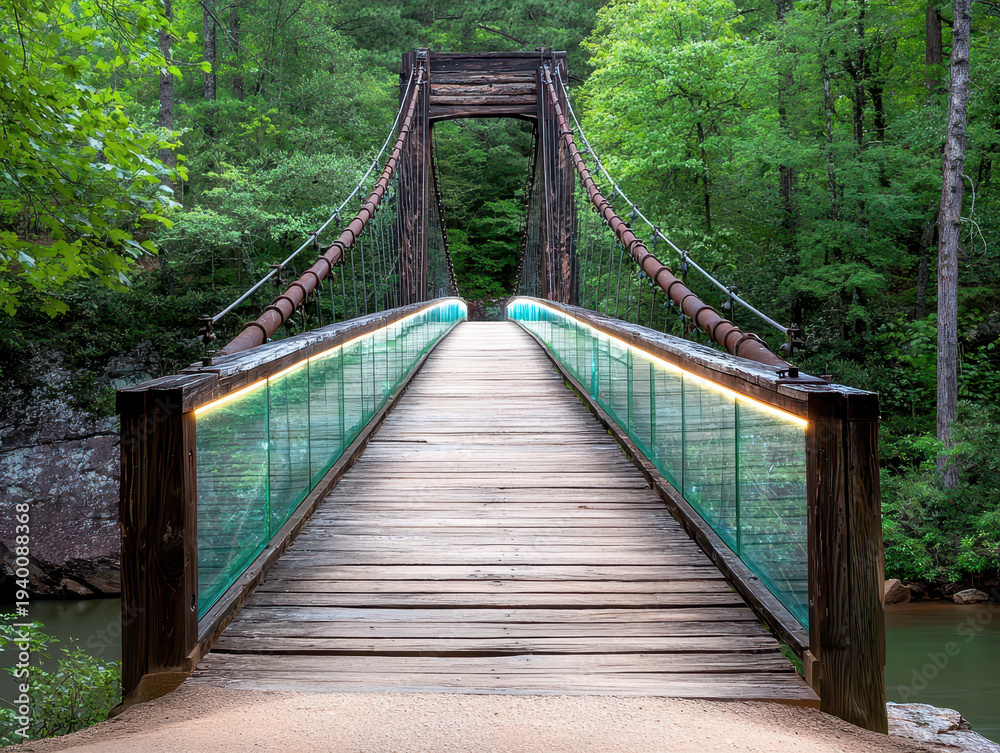 Fototapeta premium Wooden bridge suspension bridge glass railing led light forest river walkway perspective, serene evening crossing above water amid green trees
