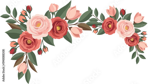 Romantic Watercolor Floral Border with Pink and Red Roses for Wedding Invitations and Spring Designs
