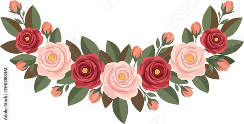 Romantic Floral Garland with Pink and Red Roses, Green Leaves, and Buds Isolated on White Background