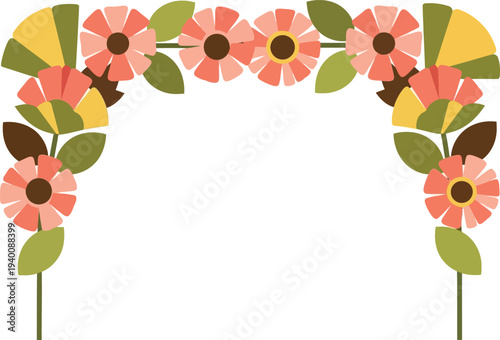 Retro floral border frame with pink flowers and green leaves for invitations and greeting cards