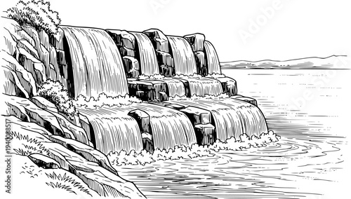 Black and white line of a multi-tiered waterfall cascading over rocks into a calm body of water with distant hills