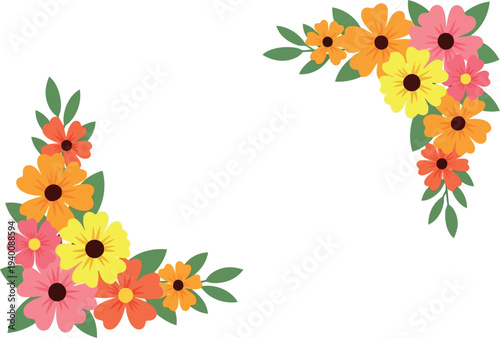 Colorful floral corner frame with yellow, orange, and pink flowers for invitations and greeting cards