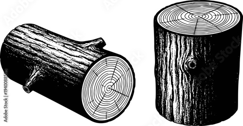 Black and White Wood Logs Showing Grain and Tree Rings Isolated White Background