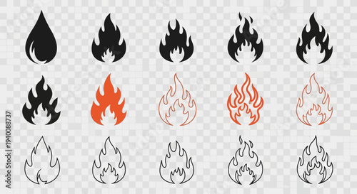 Collection of flame and fire symbols in black orange and outline styles heat energy