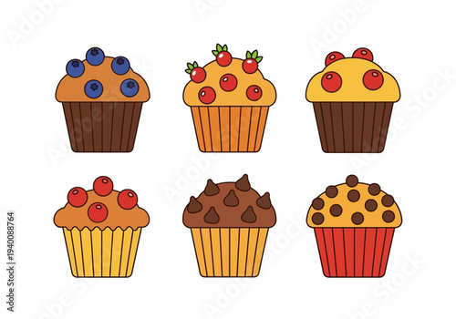 Colorful cartoon muffins with blueberries cherries and chocolate chips white background