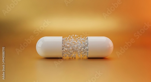 White capsule releasing powder on orange background