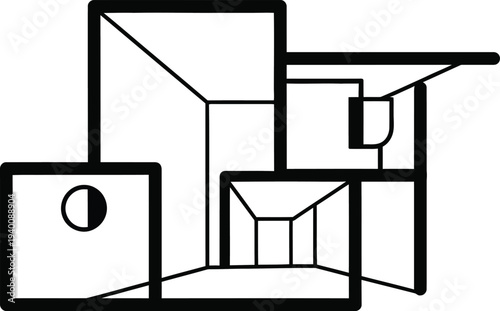 A black line drawing depicts geometric shapes forming abstract architectural structures in wqe (480) setting.