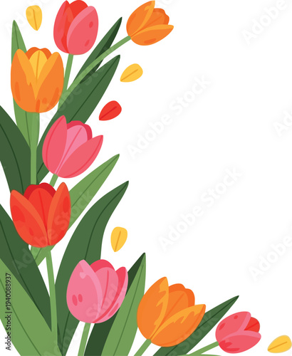 Colorful spring tulip border illustration with vibrant flowers and green leaves on white background