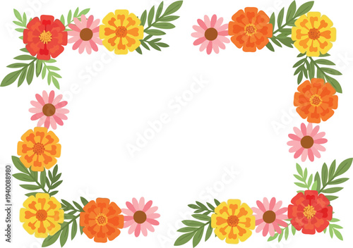 Colorful Floral Border Frame with Marigold and Daisy Flowers for Invitations and Greeting Cards